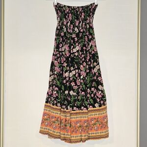 CHICME Strapless Floral Maxi Dress Black Pink Boho Summer Smocked Small S